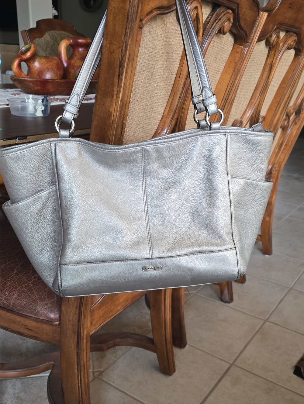 Coach Silver Metallic Leather Tote